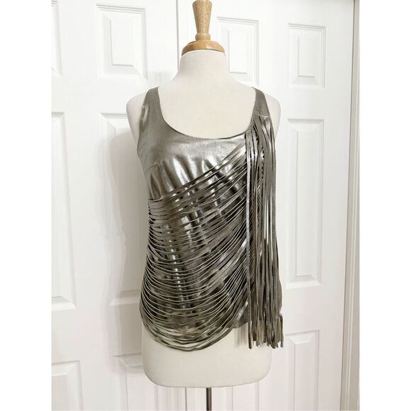 Nour Hammour Retrograde Gold Taupe Metallic Leather Fringe Top Size 38 4 6 - Picture 1 of 7